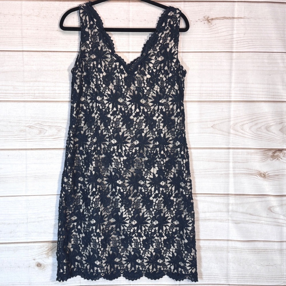 Ann Taylor Lace Shift Dress Womens 10 Navy Blue V-Neck Sleeveless Floral Overlay